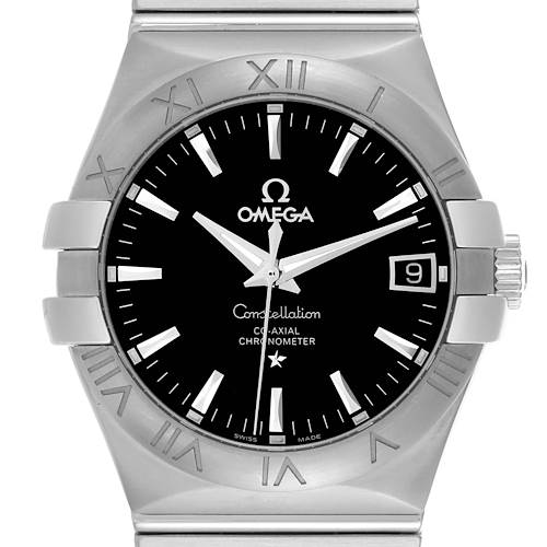 The Omega Constellation 123.10.35.20.01.001 Men's Stainless Steel Black Dial 123.10.35.20.01.001 Men's Stainless Steel Black Dial watch is shown from the front, highlighting its black dial, Roman numeral bezel, and date feature.