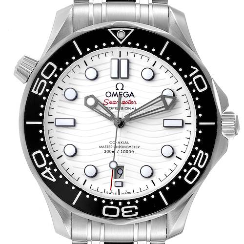 The image shows a front view of an Omega Seamaster 210.30.42.20.04.001 Men's Stainless Steel White Dial 210.30.42.20.04.001 Men's Stainless Steel White Dial watch, highlighting its dial, bezel, hands, and part of the bracelet.