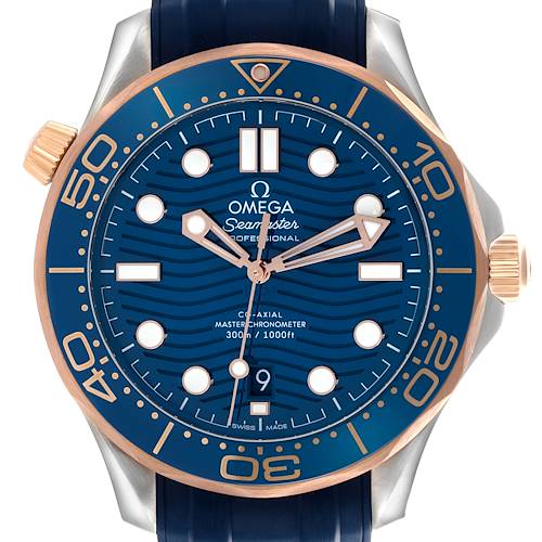 The Omega Seamaster 210.22.42.20.03.002 Men's Steel and Gold (two tone) Blue Dial 210.22.42.20.03.002 Men's Steel and Gold (two tone) Blue Dial watch is shown from a front angle, highlighting the dial, bezel, and markers.