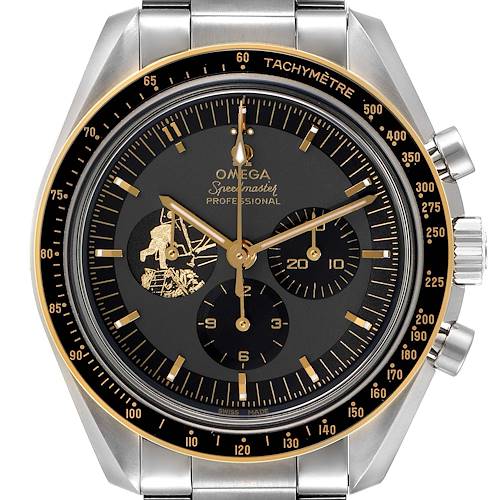 The image shows a front view of an Omega Speedmaster 310.20.42.50.01.001 Men's Stainless Steel Grey Dial 310.20.42.50.01.001 Men's Stainless Steel Grey Dial watch, highlighting the dial, subdials, tachymeter bezel, and part of the bracelet.