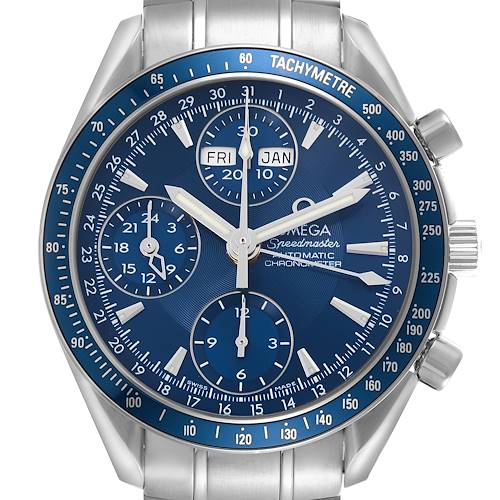 The Omega Speedmaster 3222.80.00 Men's Stainless Steel Blue Dial 3222.80.00 Men's Stainless Steel Blue Dial watch is shown from a front angle, displaying the dial, tachymeter, and subdials clearly.
