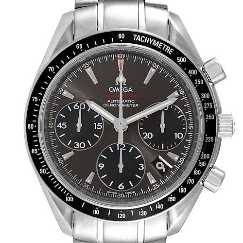 The image shows a front view of the Omega Speedmaster 323.30.40.40.06.001 Men's Stainless Steel Grey Dial 323.30.40.40.06.001 Men's Stainless Steel Grey Dial watch, highlighting its dial, subdials, and tachymeter bezel.