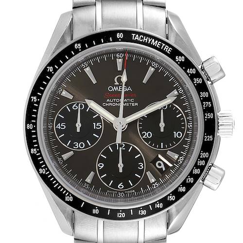 This is a close-up, front view of the Omega Speedmaster 323.30.40.40.06.001 Men's Stainless Steel Grey Dial 323.30.40.40.06.001 Men's Stainless Steel Grey Dial watch, showing the dial, bezel, and part of the stainless steel bracelet.