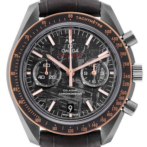 This image shows a front angle of the Omega Speedmaster 311.63.44.51.99.001 Men's Rose Gold Grey Dial 311.63.44.51.99.001 Men's Rose Gold Grey Dial watch, displaying its face, bezel, and chronograph features.