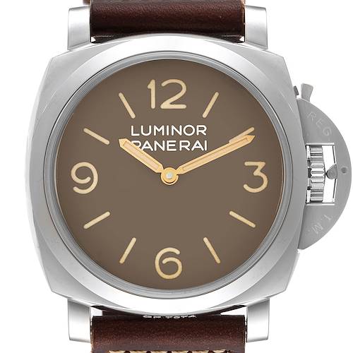 The image shows a front view of the Panerai Luminor PAM00663 Men's Stainless Steel Brown Dial PAM00663 Men's Stainless Steel Brown Dial model watch, highlighting its brown dial, gold hands, and distinctive crown guard.