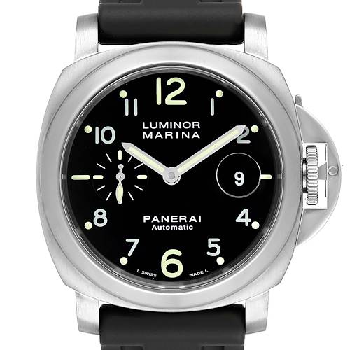 The image shows a front view of a Panerai Luminor PAM00164 Men's Stainless Steel Black Dial PAM00164 Men's Stainless Steel Black Dial Marina watch, highlighting its dial, bezel, and crown guard.