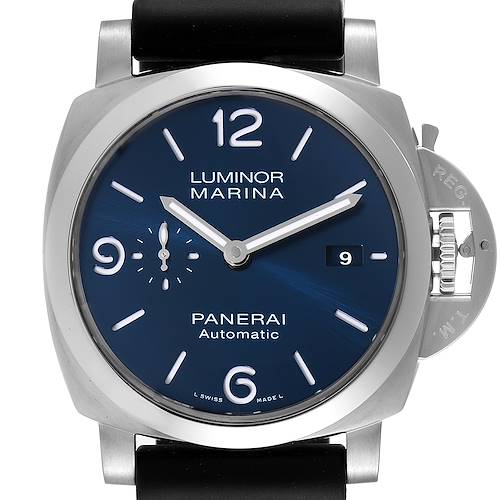 This Panerai Luminor PAM01313 Men's Stainless Steel Blue Dial PAM01313 Men's Stainless Steel Blue Dial watch is shown from a front angle, displaying its blue dial, hour markers, and date window.