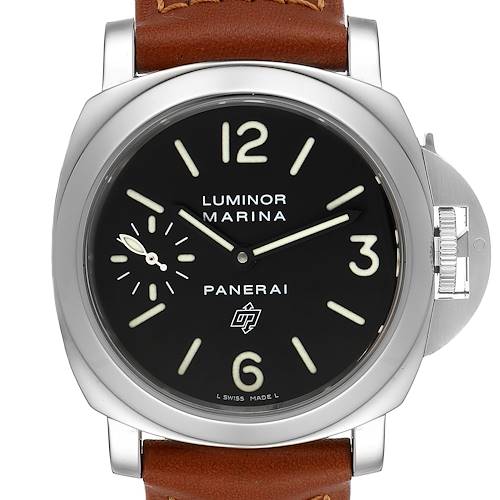 The image shows a front view of the Panerai Luminor PAM00005 Men's Stainless Steel Black Dial PAM00005 Men's Stainless Steel Black Dial watch displaying its dial, case, and crown-protecting mechanism.
