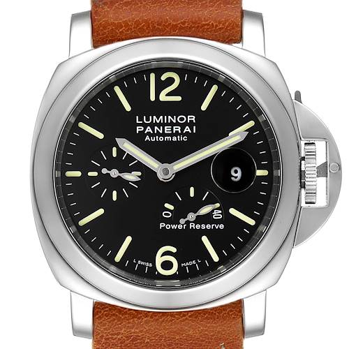 This image shows a front view of a Panerai Luminor PAM00090 Men's Stainless Steel Black Dial PAM00090 Men's Stainless Steel Black Dial model watch with a brown leather strap.