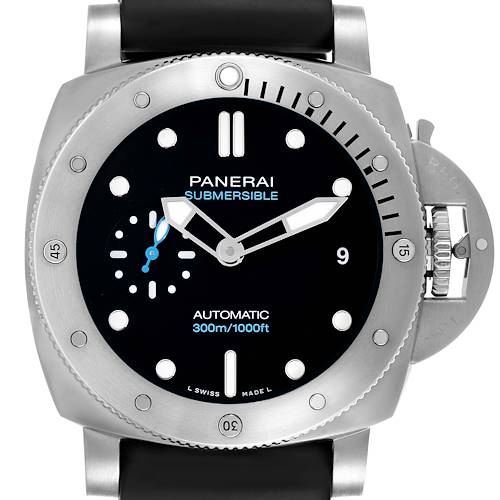The Panerai Luminor PAM02973 Men's Stainless Steel Black Dial PAM02973 Men's Stainless Steel Black Dial watch is shown from the front, displaying its dial, bezel, and crown.