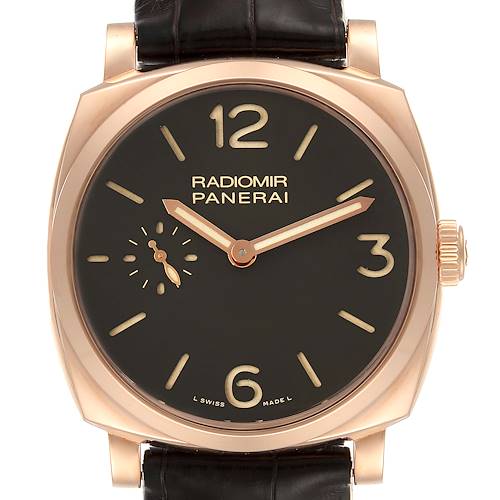 The image shows a close-up, front view of the Panerai Radiomir PAM00513 Men's Rose Gold Brown Dial PAM00513 Men's Rose Gold Brown Dial watch with a black dial and gold casing.
