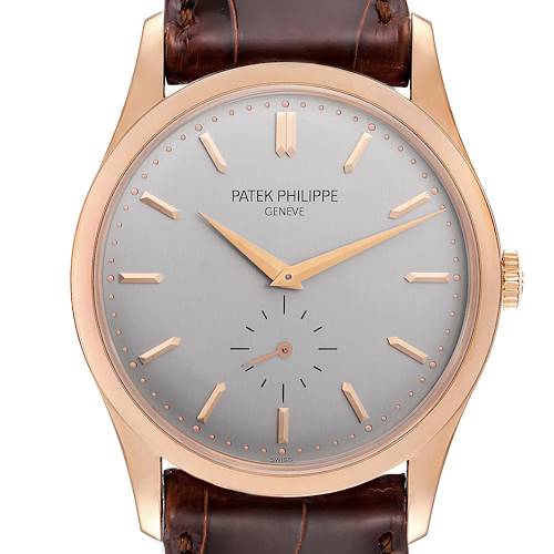 This image shows a front view of the Patek Philippe Calatrava 5196R Men's Rose Gold Silver Dial 5196R Men's Rose Gold Silver Dial watch, highlighting its dial, hands, and leather strap.