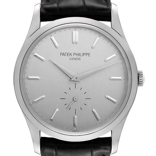 This image shows a front view of the Patek Philippe Calatrava 5196G Men's White Gold Silver Dial 5196G Men's White Gold Silver Dial watch, highlighting its dial, hands, and crown.