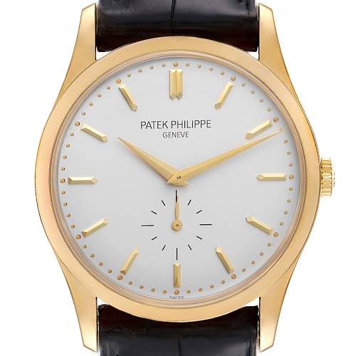 The image shows a front view of a Patek Philippe Calatrava 5196J Men's Yellow Gold Silver Dial 5196J Men's Yellow Gold Silver Dial watch, highlighting its face, gold case, and black leather strap.