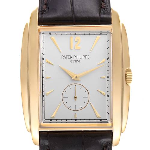 The image shows a front view of a Patek Philippe Gondolo 5124J Men's Yellow Gold Silver Dial 5124J Men's Yellow Gold Silver Dial watch, featuring the dial, case, and part of the strap.