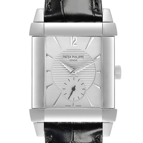 The Patek Philippe Gondolo 5111G-001 Men's White Gold Silver Dial 5111G-001 Men's White Gold Silver Dial watch is shown from the front, displaying its face, case, and part of the leather strap.