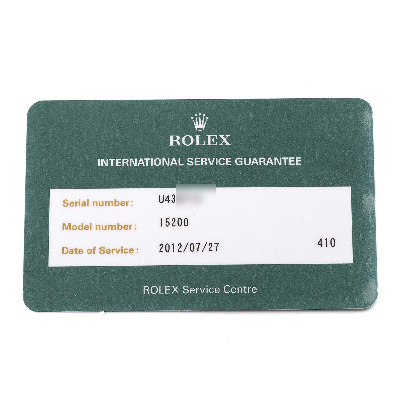 This is an image of a Rolex service guarantee card for a Date model watch, including serial and model numbers.