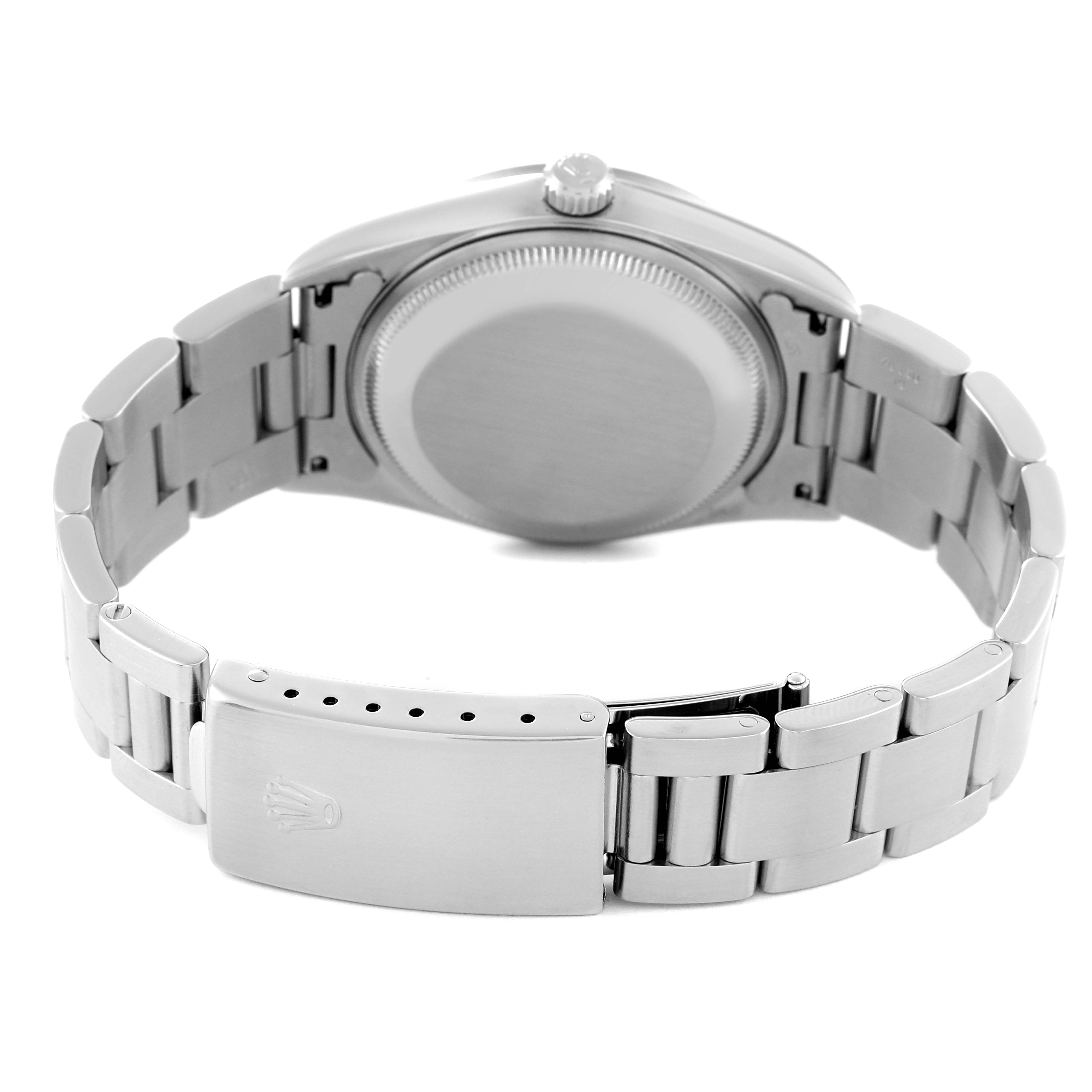 This image shows a rear view of a Rolex Date 15200 Men's Stainless Steel Black Dial 15200 Men's Stainless Steel Black Dial model watch, including the case back, crown, and bracelet clasp with logo.