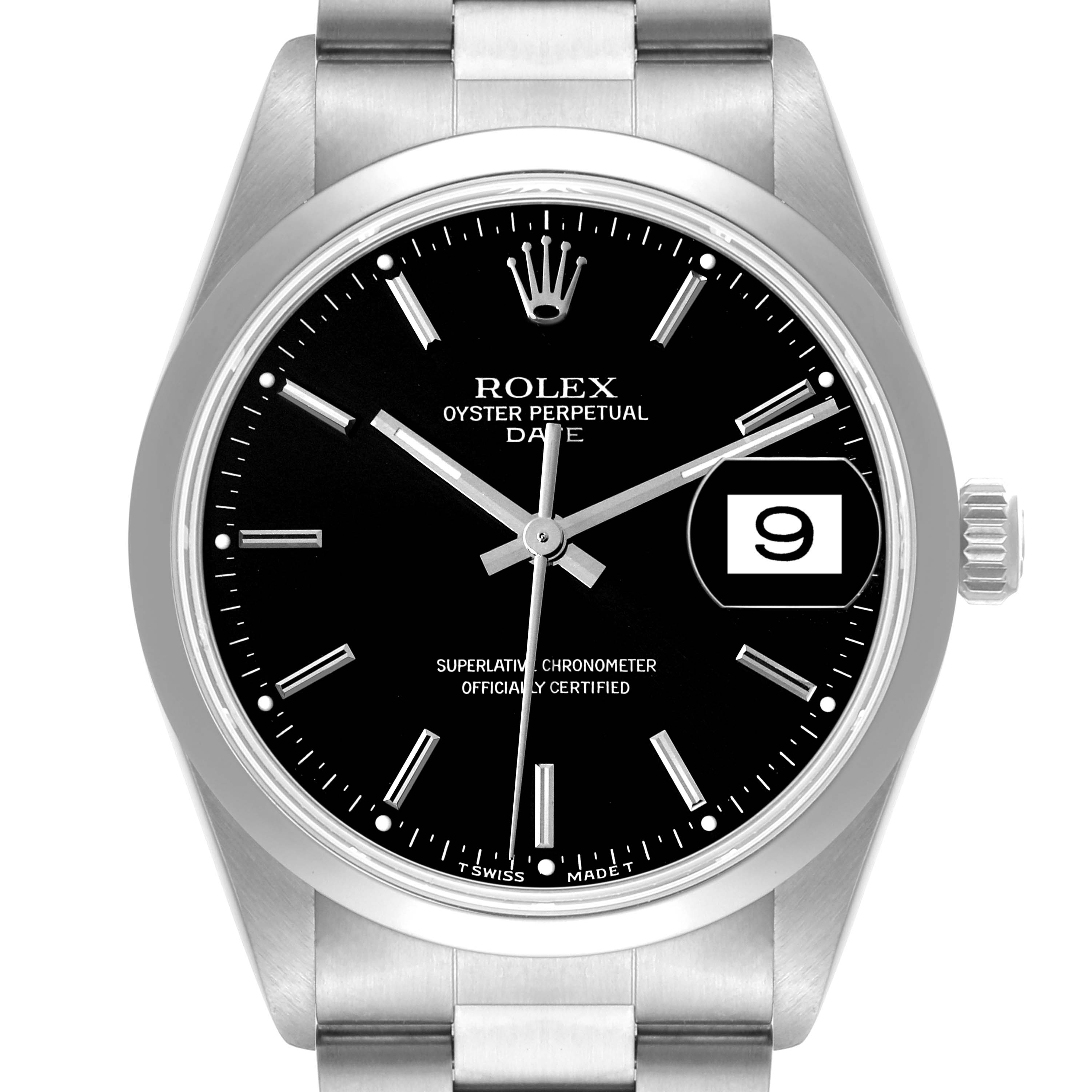 The image shows a front view of the Rolex Date 15200 Men's Stainless Steel Black Dial 15200 Men's Stainless Steel Black Dial model watch, featuring its black dial, date window, and stainless steel bracelet.