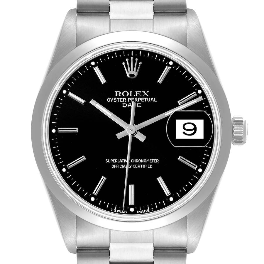 The image shows a front view of the Rolex Date 15200 Men's Stainless Steel Black Dial 15200 Men's Stainless Steel Black Dial model watch, featuring its black dial, date window, and stainless steel bracelet.