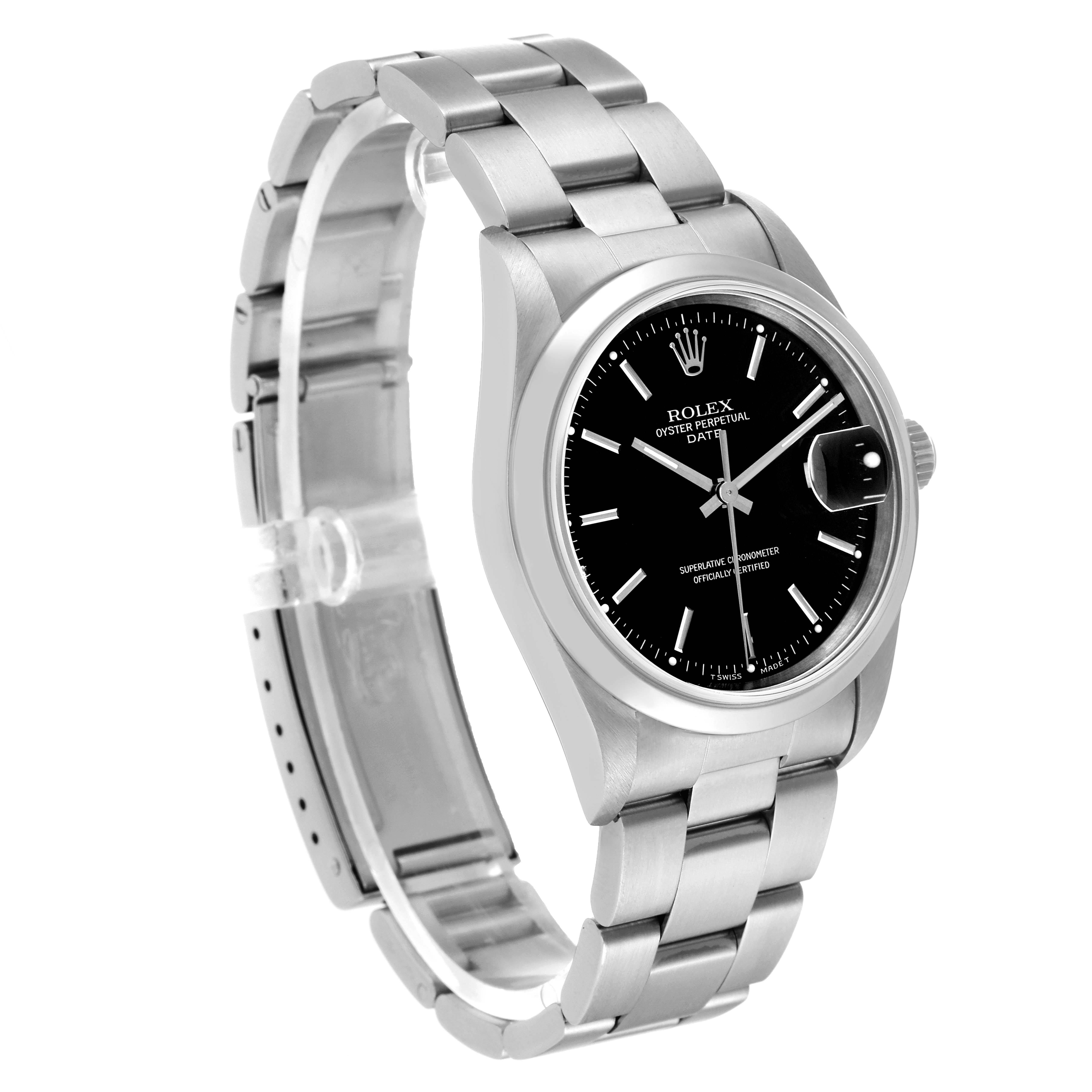 The image shows a Rolex Date 15200 Men's Stainless Steel Black Dial 15200 Men's Stainless Steel Black Dial model watch at a slight angle, featuring its face, bezel, and bracelet.