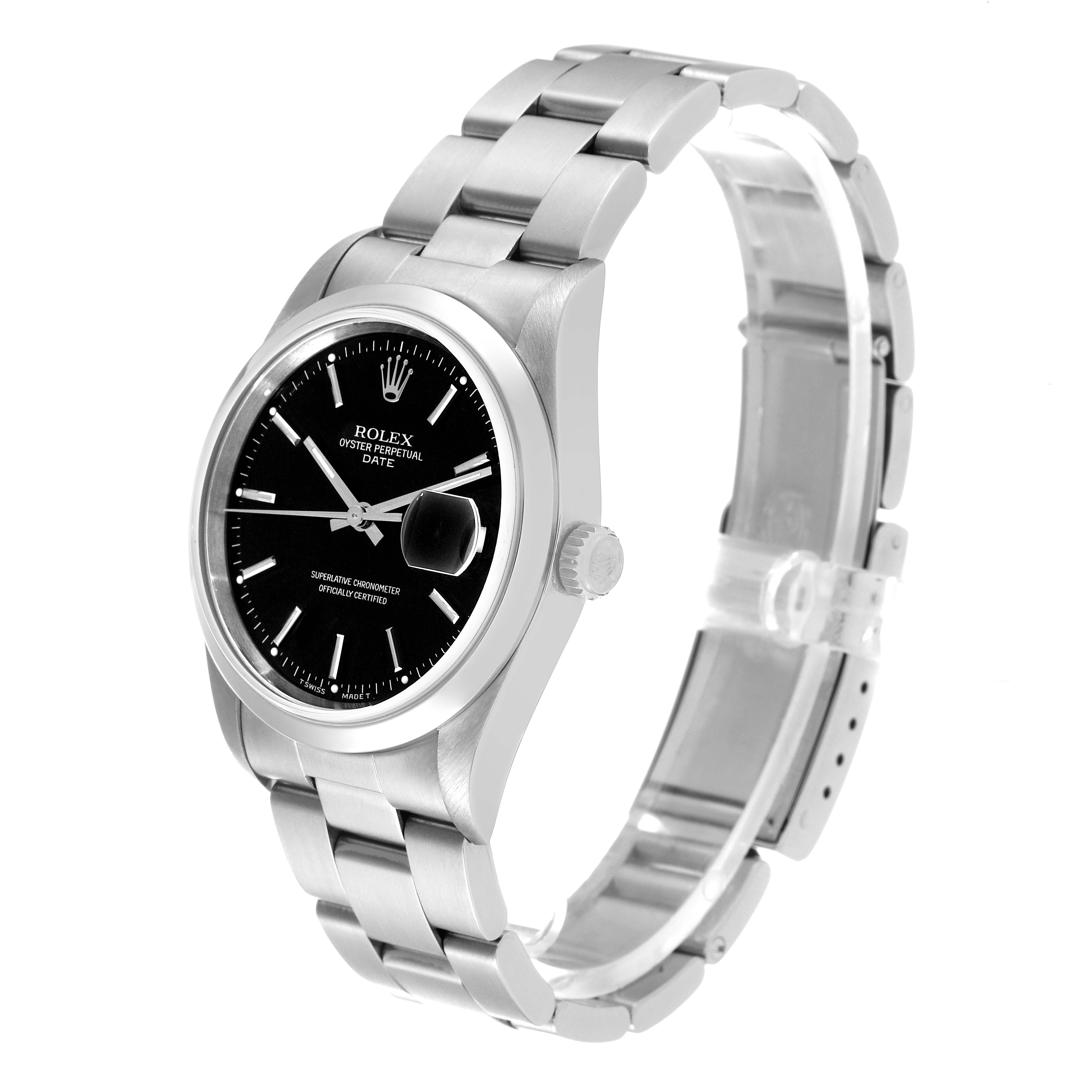 The image shows a Rolex Date 15200 Men's Stainless Steel Black Dial 15200 Men's Stainless Steel Black Dial model watch at a three-quarter angle, highlighting its face, case, crown, and stainless steel bracelet.