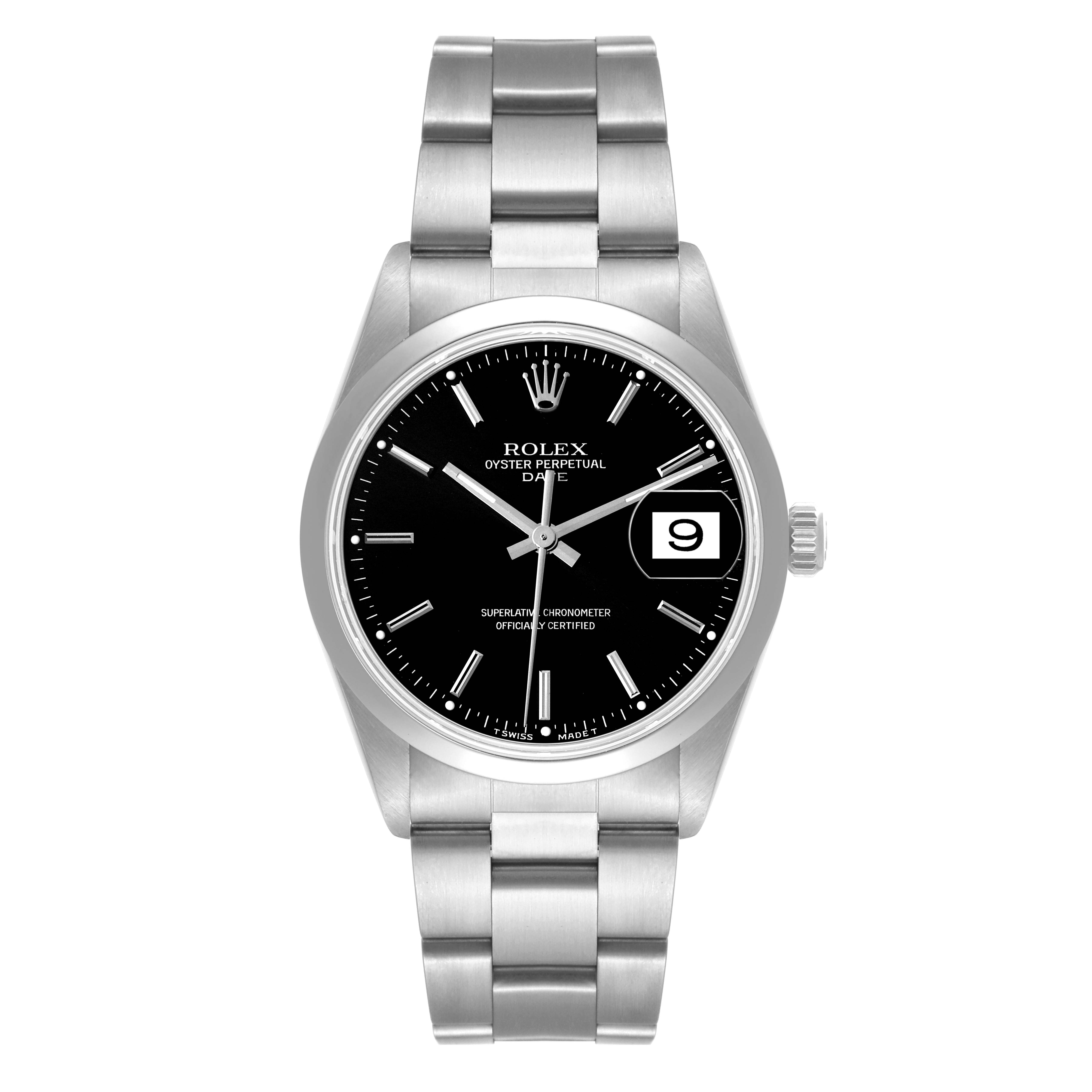 The image shows a front view of a Rolex Date 15200 Men's Stainless Steel Black Dial 15200 Men's Stainless Steel Black Dial model watch, highlighting the black dial, date window, and stainless steel bracelet.