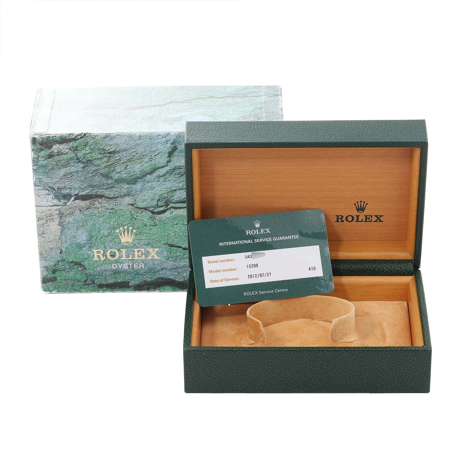 The image shows a Rolex Date 15200 Men's Stainless Steel Black Dial 15200 Men's Stainless Steel Black Dial model box and service guarantee card from a frontal angle.