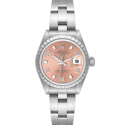 This image shows a front view of a Rolex Oyster Perpetual Date watch with a pink dial and a stainless steel bracelet.