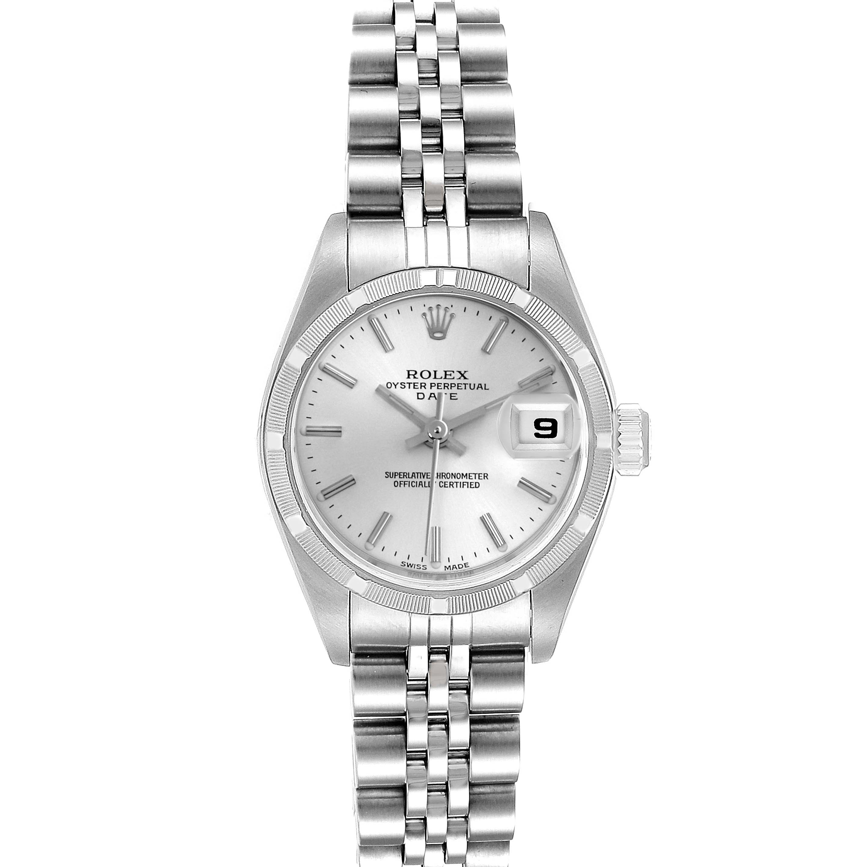 The Rolex Date 79190 Women's Stainless Steel Silver Dial 79190 Women's Stainless Steel Silver Dial model is shown from a front angle, displaying the dial, bezel, bracelet, and crown.