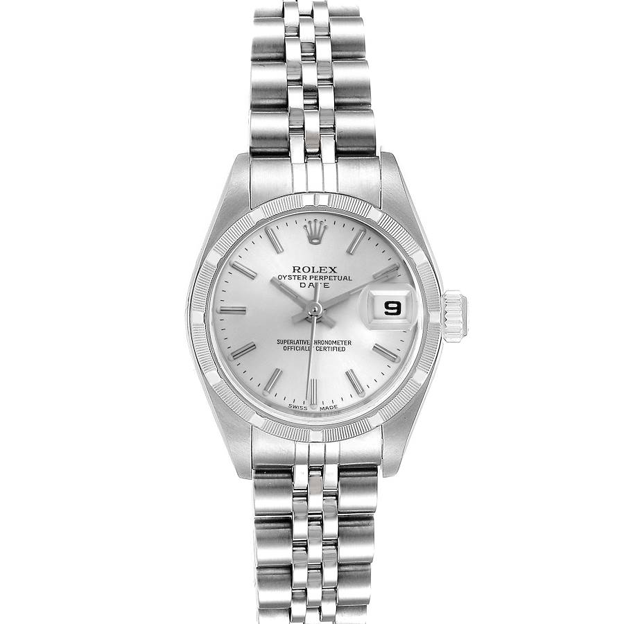The Rolex Date 79190 Women's Stainless Steel Silver Dial 79190 Women's Stainless Steel Silver Dial model is shown from a front angle, displaying the dial, bezel, bracelet, and crown.