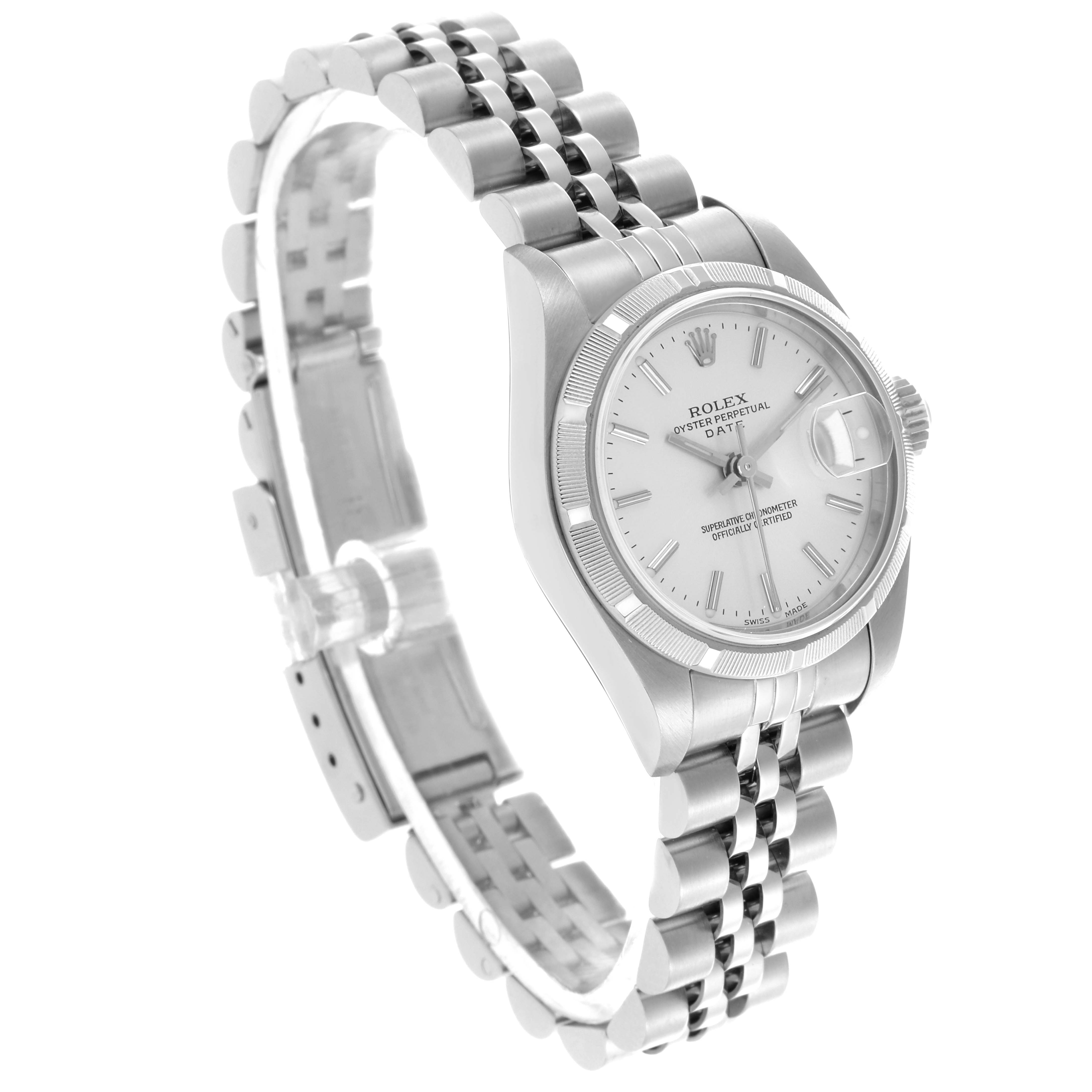 The Rolex Date 79190 Women's Stainless Steel Silver Dial 79190 Women's Stainless Steel Silver Dial watch is shown at a three-quarter angle, displaying the face, bezel, bracelet, and crown.