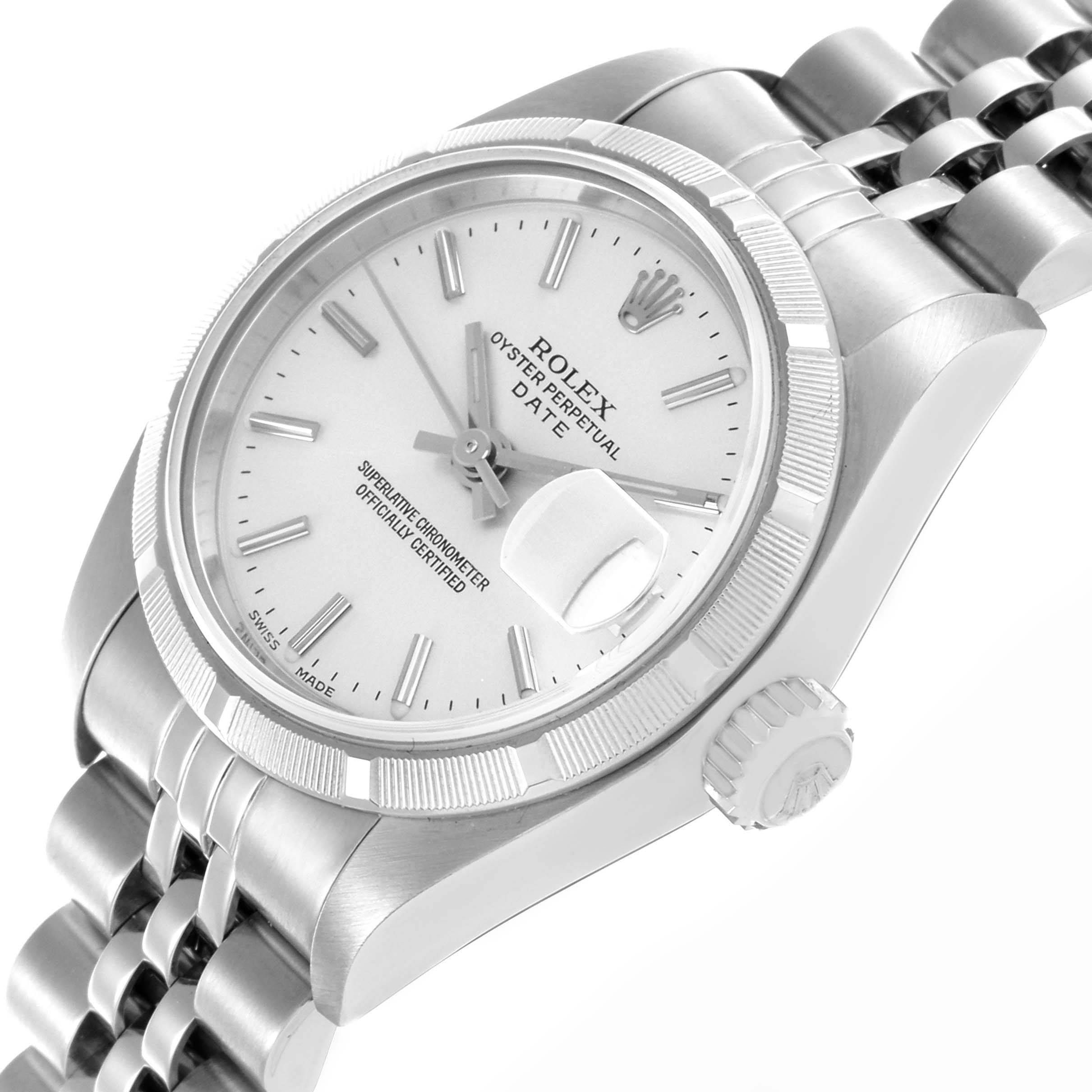 The Rolex Date 79190 Women's Stainless Steel Silver Dial 79190 Women's Stainless Steel Silver Dial watch is shown at a tilted angle, displaying the face, bezel, crown, and part of the bracelet.