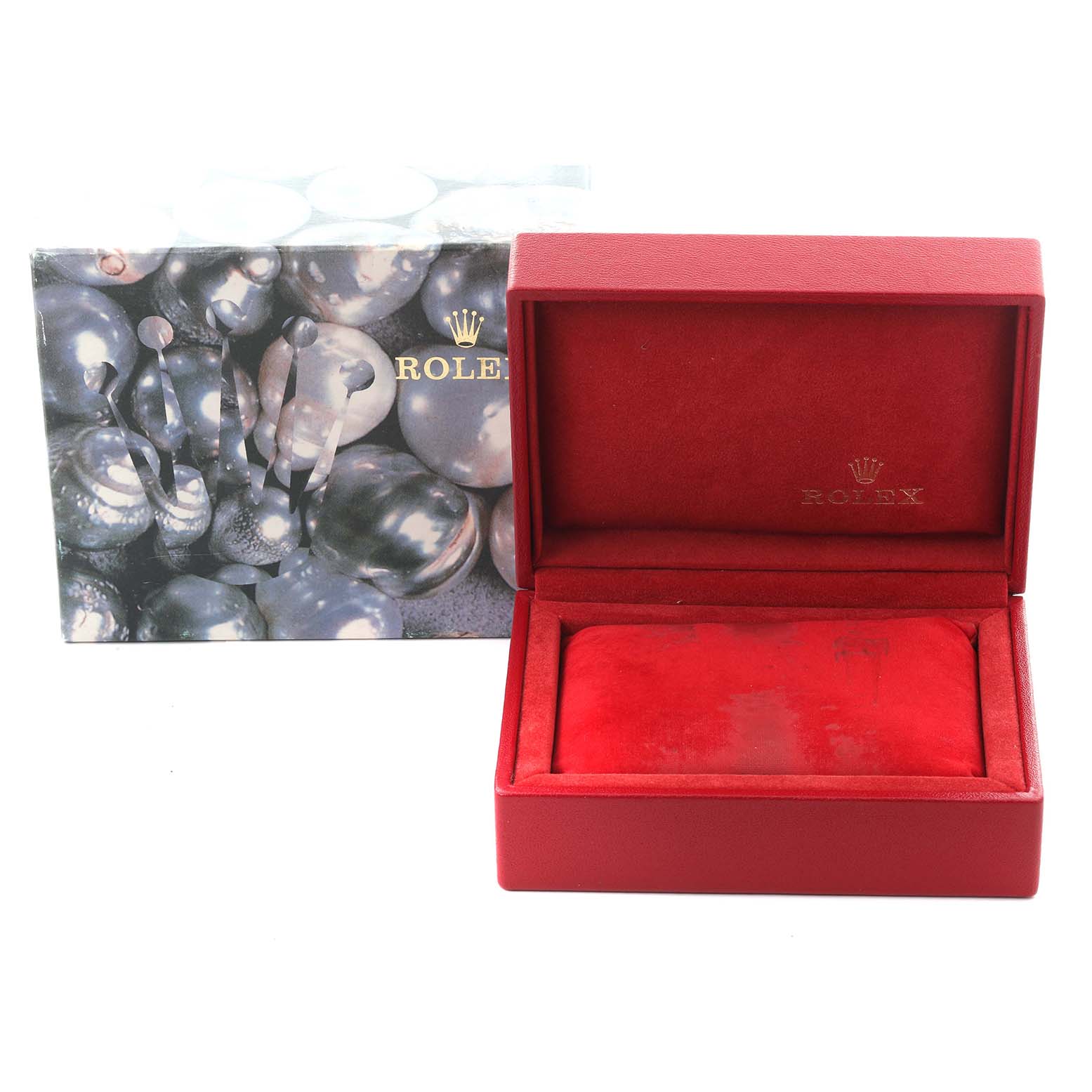 The image shows a red Rolex Date 79190 Women's Stainless Steel Silver Dial 79190 Women's Stainless Steel Silver Dial watch box, partially open, with an outer decorative box displaying the Rolex logo.
