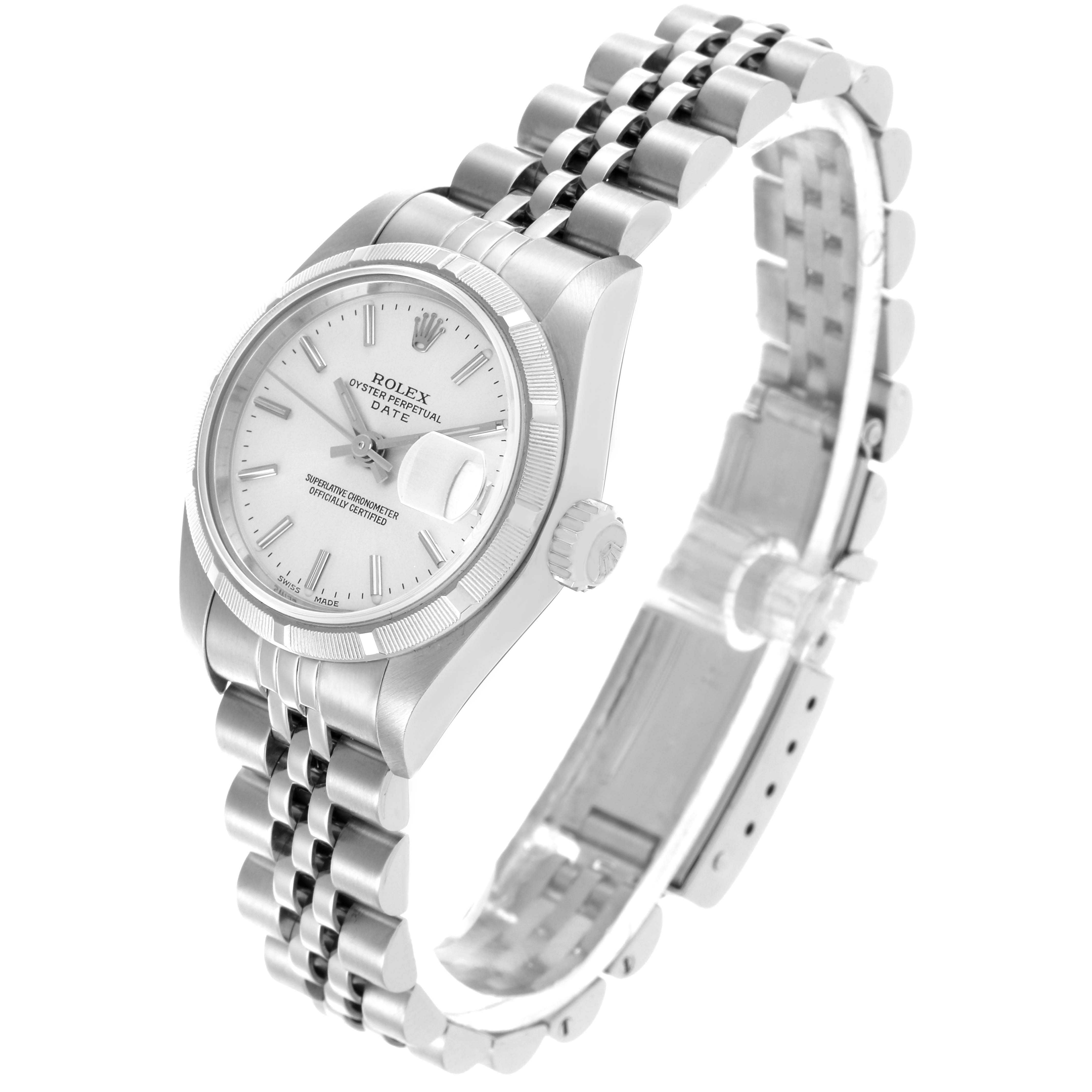 The Rolex Date 79190 Women's Stainless Steel Silver Dial 79190 Women's Stainless Steel Silver Dial watch is shown in a three-quarter view highlighting the dial, bezel, crown, and bracelet.