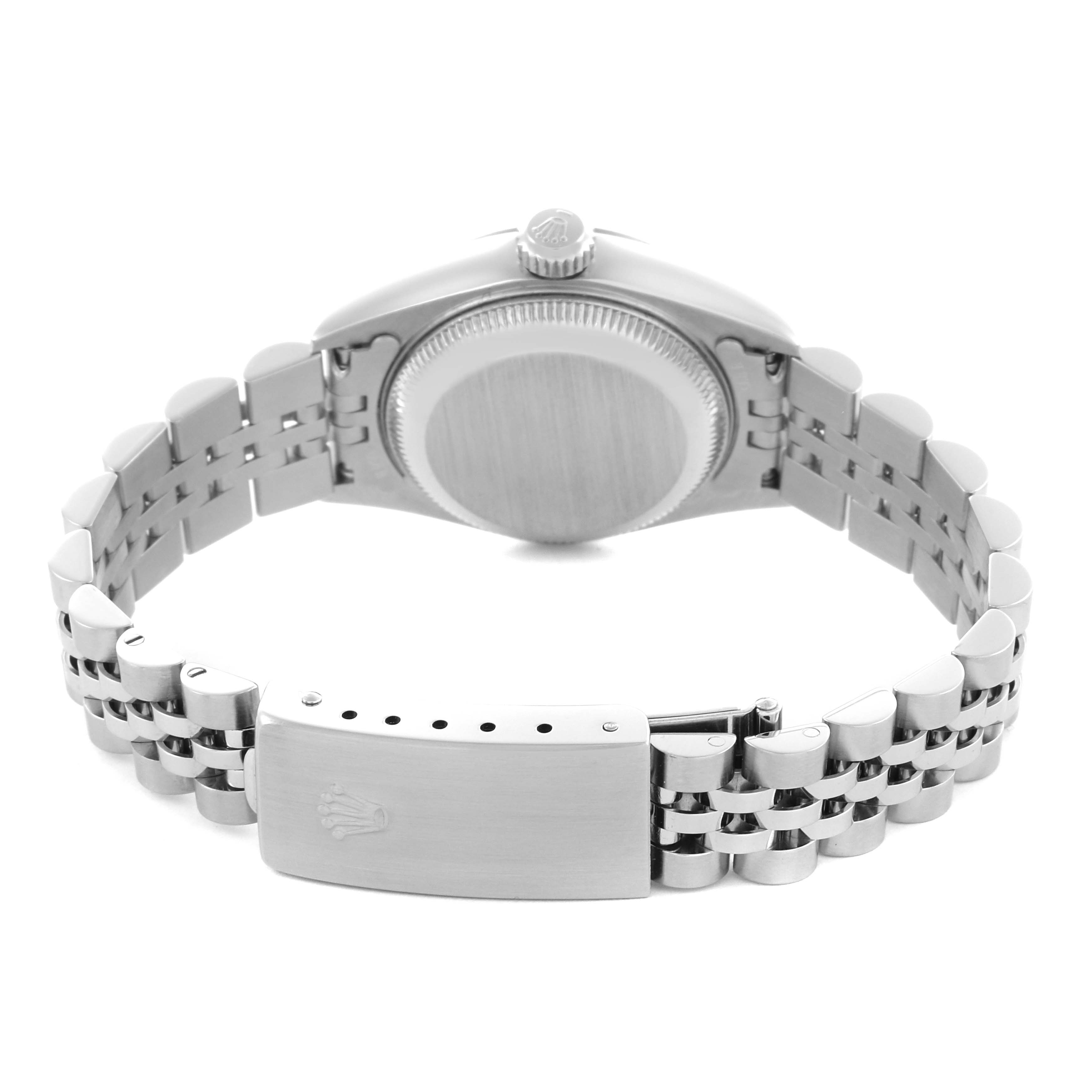 The image shows the back and clasp of a Rolex Date 79190 Women's Stainless Steel Silver Dial 79190 Women's Stainless Steel Silver Dial model watch, displaying the bracelet and caseback from a rear angle.