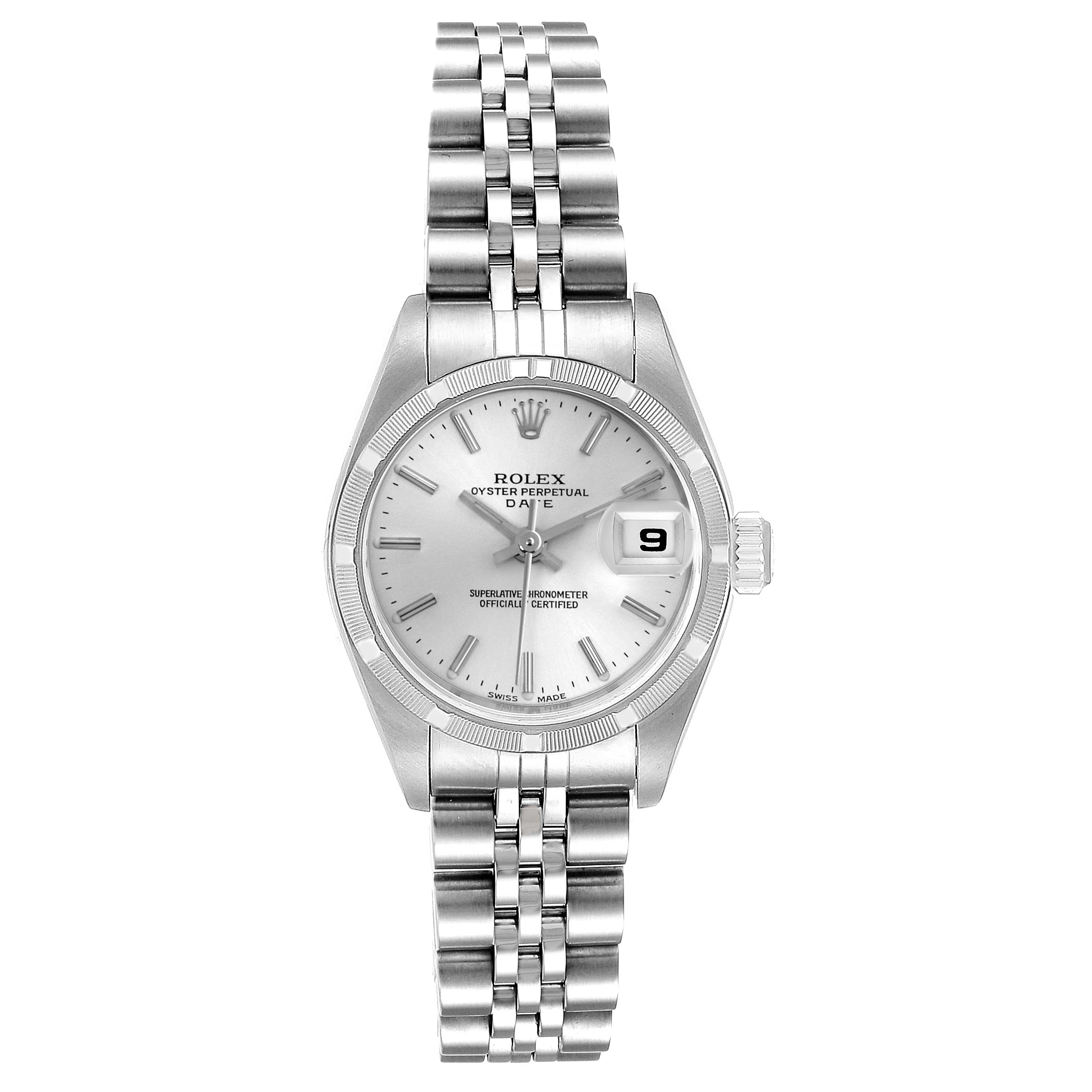 The Rolex Date 79190 Women's Stainless Steel Silver Dial 79190 Women's Stainless Steel Silver Dial watch is shown from the front, displaying the dial, date window, bezel, and bracelet.