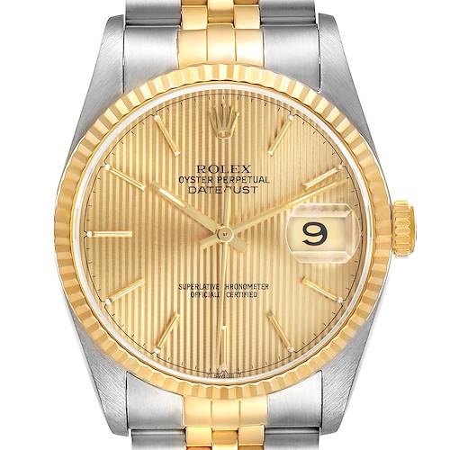 The Rolex Datejust 16233 Men's Steel and Gold (two tone) Champagne Dial 16233 Men's Steel and Gold (two tone) Champagne Dial watch is shown from the front, displaying its dial, hands, crown, bezel, and part of the bracelet.