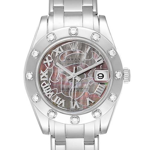 This Rolex Pearlmaster 81319 Women's White Gold Mother of Pearl Dial 81319 Women's White Gold Mother of Pearl Dial watch is shown from the front, highlighting the face, bezel with diamonds, and part of the bracelet.