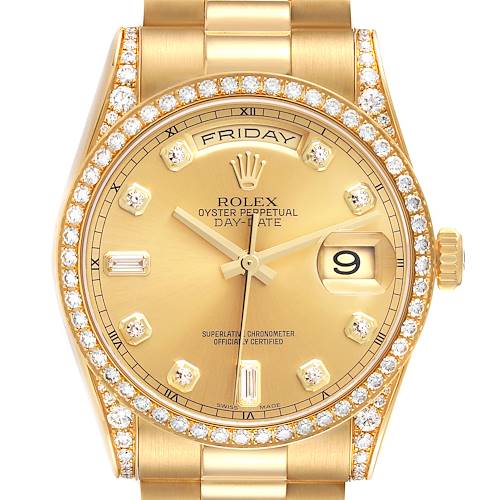 The Rolex President 118388 Men's Yellow Gold Champagne Dial 118388 Men's Yellow Gold Champagne Dial model is shown from the front, highlighting its gold dial, day-date feature, diamond hour markers, and bezel.
