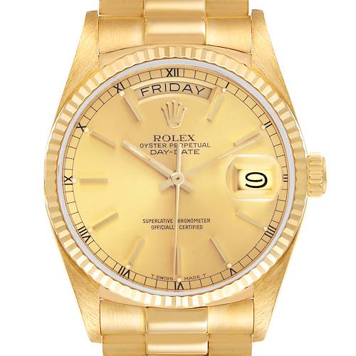 The Rolex President 18038 Men's Yellow Gold Champagne Dial 18038 Men's Yellow Gold Champagne Dial model watch is shown from the front, displaying the dial, day, date, bezel, and part of the band.