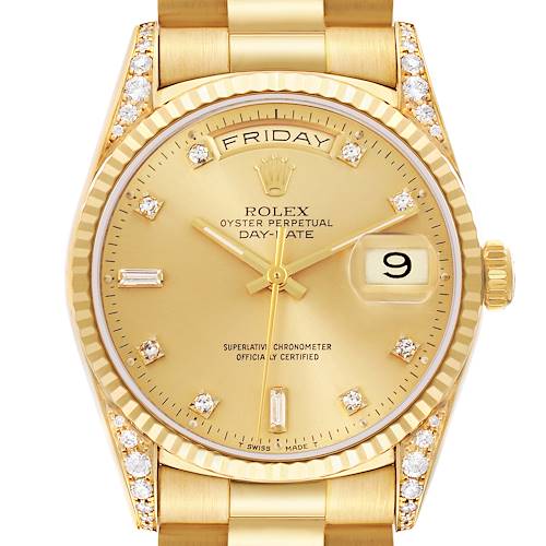 The image shows a front view of the Rolex President 18338 Men's Yellow Gold Champagne Dial 18338 Men's Yellow Gold Champagne Dial model, highlighting the gold dial, day-date display, and diamond markers.
