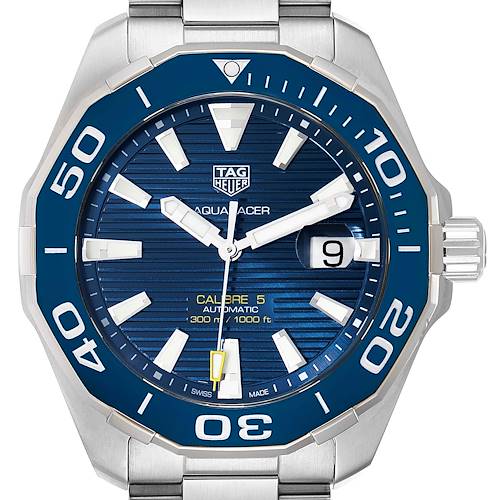 This image shows a frontal view of the Tag Heuer Aquaracer WAY201B Men's Stainless Steel Blue Dial WAY201B Men's Stainless Steel Blue Dial watch, highlighting its face, bezel, and part of the bracelet.