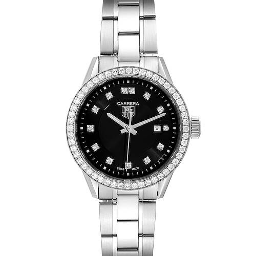 The Tag Heuer Carrera WV1412 Women's Stainless Steel Black Dial WV1412 Women's Stainless Steel Black Dial watch is shown from a front angle, displaying its face, bezel, and a portion of its band.