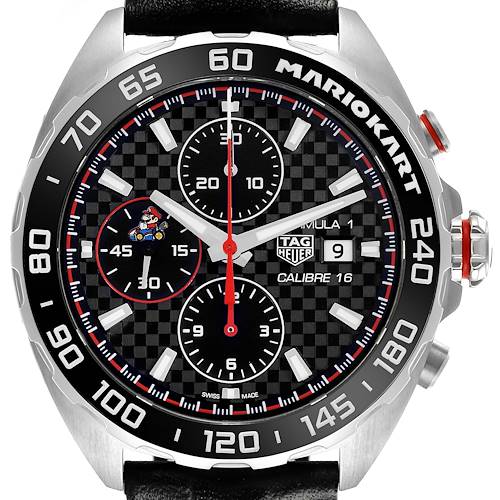 The Tag Heuer Formula 1 CAZ201E.FC6517 Men's Stainless Steel Black Dial CAZ201E.FC6517 Men's Stainless Steel Black Dial watch is shown from a front angle, highlighting its dial, bezel, and subdials.