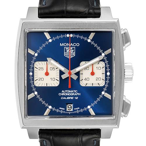 The image shows a front view of the Tag Heuer Monaco CAW2111 Men's Stainless Steel Blue Dial CAW2111 Men's Stainless Steel Blue Dial watch, highlighting its square dial, chronograph sub-dials, and date display.