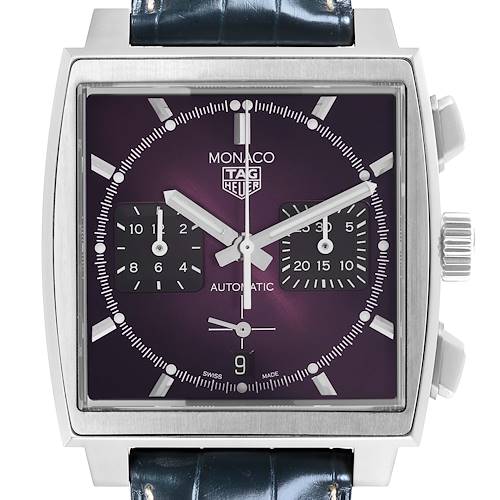 The Tag Heuer Monaco CBL2118.FC6518 Men's Stainless Steel Purple Dial CBL2118.FC6518 Men's Stainless Steel Purple Dial watch is shown from a front angle, highlighting its square dial, chronograph subdials, and crown.