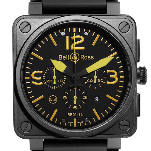 The image shows a front view of the Bell & Ross BR01-94 Chronograph, displaying its dial, hands, subdials, and casing.