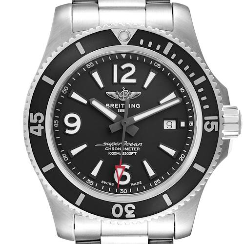 The Breitling Superocean A17367 Men's Stainless Steel Black Dial A17367 Men's Stainless Steel Black Dial watch is shown from the front, highlighting the dial, bezel, and stainless steel bracelet.