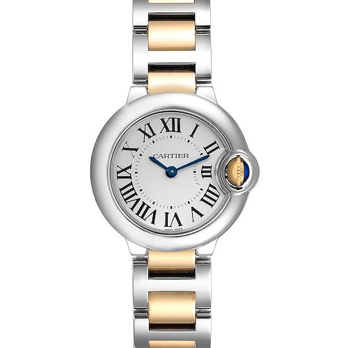 This Cartier Ballon Bleu W2BB0010 Women's Steel and Gold (two tone) Silver Dial W2BB0010 Women's Steel and Gold (two tone) Silver Dial watch is shown from a front angle, featuring the face with Roman numerals and the two-tone metal bracelet.